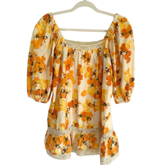 NICOLE MILLER Artelier Fruit Print Crochet Trim Peasant Blouse Size Medium - Picture 1 of 8